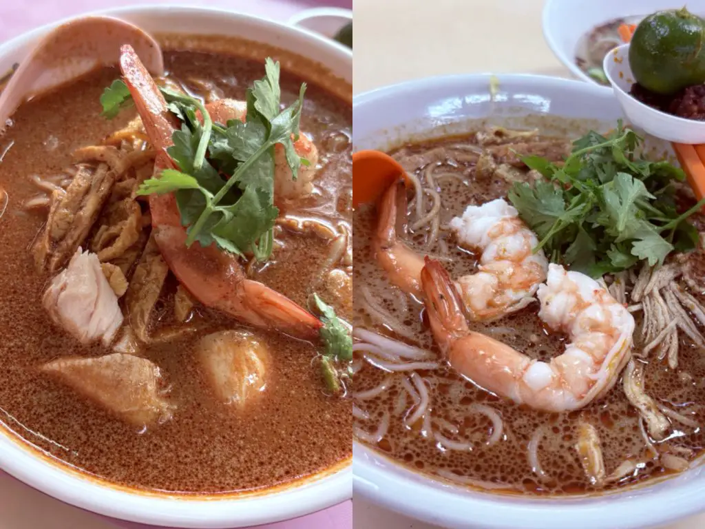 Assorted Sarawak Laksa bowls from various stalls across Singapore, showcasing different toppings and presentations.