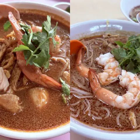 Assorted Sarawak Laksa bowls from various stalls across Singapore, showcasing different toppings and presentations.