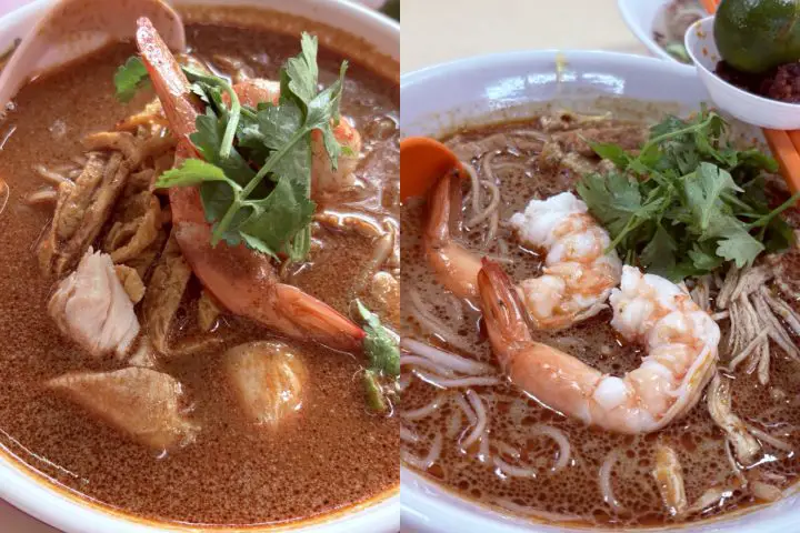 Assorted Sarawak Laksa bowls from various stalls across Singapore, showcasing different toppings and presentations.