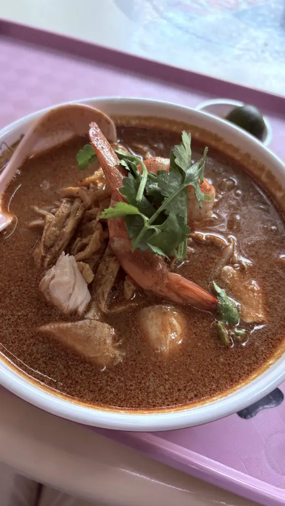 A bowl of Sarawak Laksa from Mao You, topped with fresh prawns and sliced chicken, served in a cat-themed bowl.