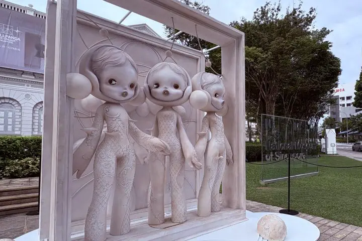 Large Skullpanda sculpture displayed on the front lawn of the National Museum of Singapore during the Cage-Uncage exhibition.