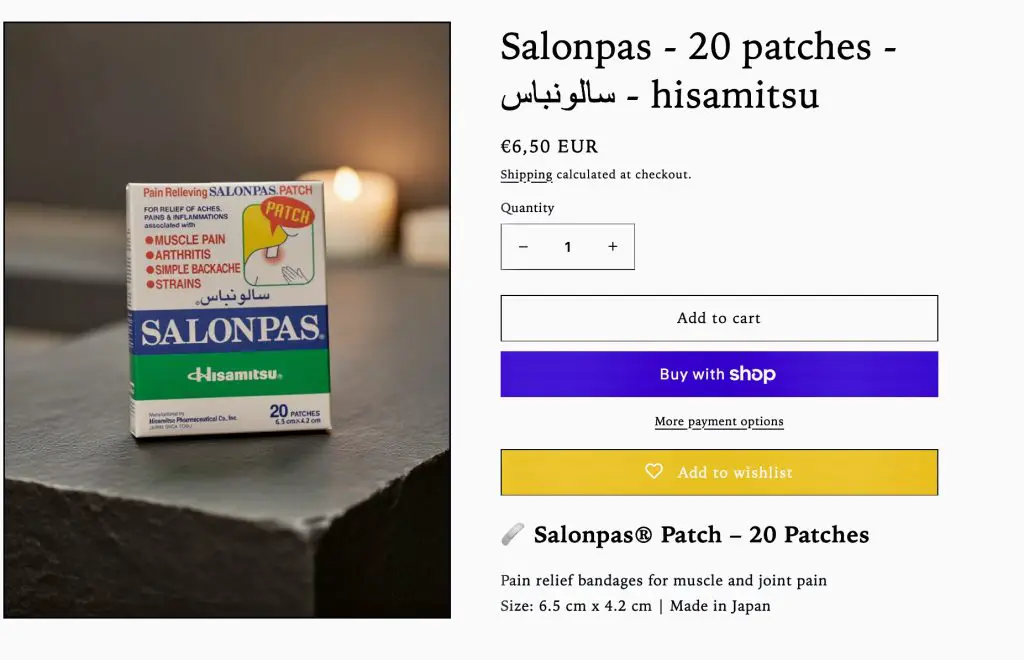 Salonpas pain relief patches listed on an overseas herbal store, where everyday traditional remedies from home are often sold at premium prices.